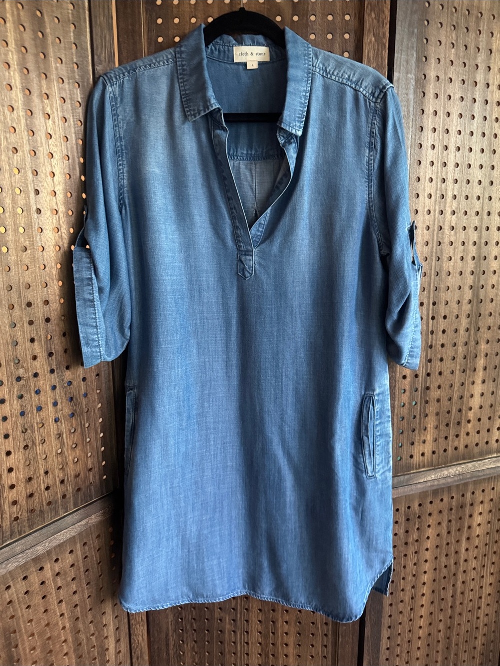 cloth & stone Blue Denim Mini Dress Pockets 3/4 Sleeves Women’s Medium